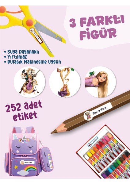 Okul Etiketi SUDAN ETKİLENMEZ, Kalem Defter Etiketi Rapunze Temalı Özel Isim Yazılabilen Etiket - 252ADET fiyatları