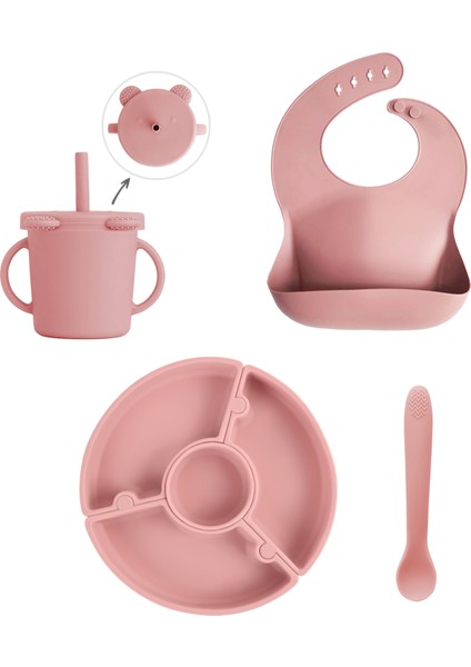 4'lü Silikon Beslenme Seti - Yapboz Puzzle Mama Tabağı Önlük Pipetli Bardak Diş Kaşıyıcı Kaşık Pembe