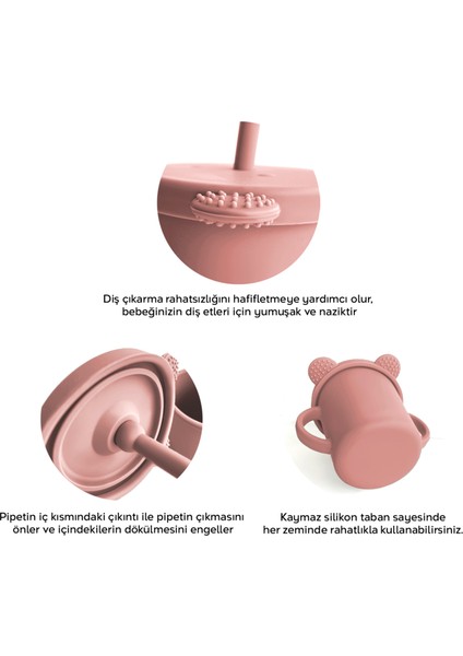 4'lü Silikon Beslenme Seti - Yapboz Puzzle Mama Tabağı Önlük Pipetli Bardak Diş Kaşıyıcı Kaşık Pembe modelleri