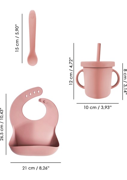 4'lü Silikon Beslenme Seti - Yapboz Puzzle Mama Tabağı Önlük Pipetli Bardak Diş Kaşıyıcı Kaşık Pembe