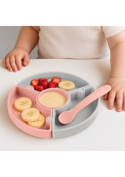 Puzzle Mama Tabağı Kaşık Seti - Silikon Vakum Tabanlı Yapboz Mama Tabağı Silikon Kaşık - Gri Pembe