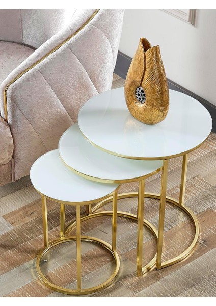 Lü Beyaz Cam Gold Metal Zigon Sehpa