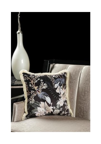Lüks Kadife 43X43 cm Kırlent Kılıfı Dekoratif Yumuşak Salon Koltuk Avangart Saçaklı Siyah Siyah Beyaz fiyatları