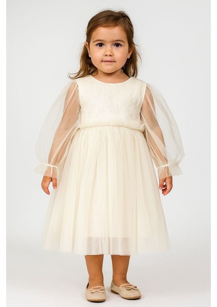 Bayramlık Kabarık Etekli Ekru Kız Elbisesi Şık Parti Kız Elbisesi