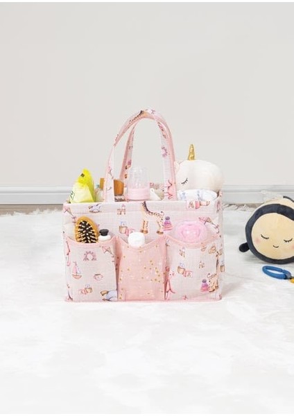 Başucu Düzenleyici Kız Bebek Bakım Çantası Organizer - Pembe | Çok Gözlü, Taşınabilir, 30X20X21 cm