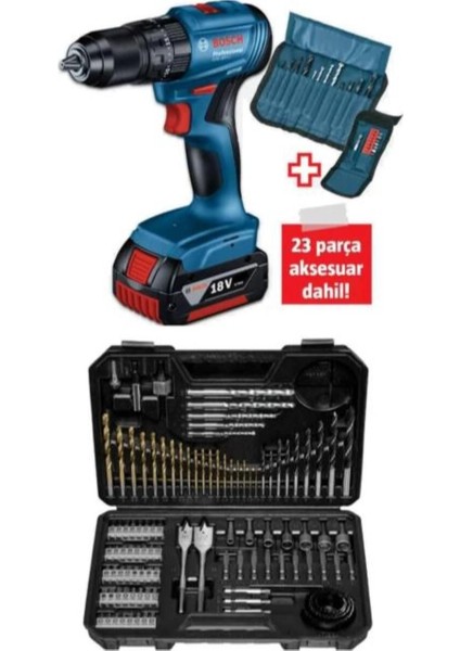 Professional GSB 185-Li 2.0 Ah Tek Akülü Kömürsüz Motor Darbeli Matkap + 23 Parça Aksesuar Set - 06019K3102 + Bosch V-Line Matkap & Vidalama Karışık Aksesuar Seti 103 Parça - 2607017367