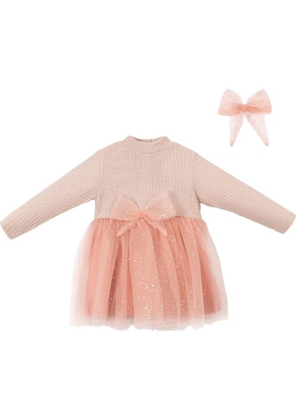 Simli Tütülü Elbise Toka Takım Pudra