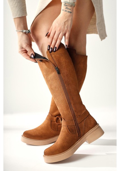 Ginan Taba Süet Toka Detaylı Kısa Topuklu Fermuarlı Çizme indirimleri