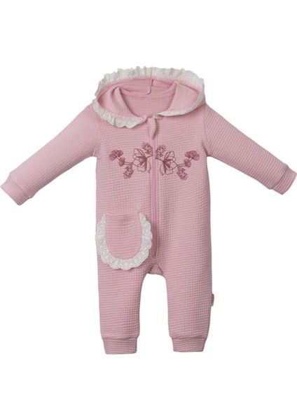 Çiçek Nakışlı Kapşonlu Tulum Pembe