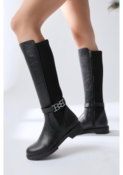Mountaha Siyah Dalgıç Kumaş Konçlu Aksesuar Detaylı Kısa Topuklu Çizme fiyatları