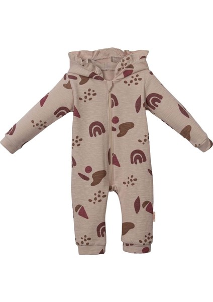 Fırfır Kapşonlu Desenli Patiksiz Tulum Bej