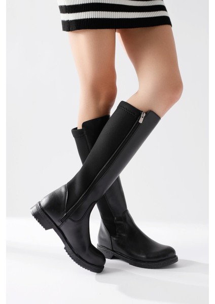 Benedikta Siyah Oval Burunlu Dalgıç Kumaş Detaylı Çizme