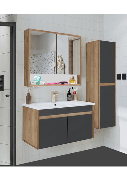 Serena Ea 100 cm Seramik Lavabolu Banyo Dolabı Seti, Boy Dolaplı, Mdf, 100+35 Cm, Hazır Kurulu