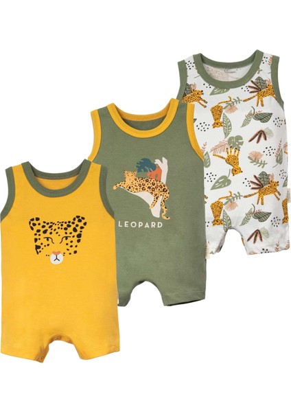 Leopar Askılı Üçlü Kısa Tulum Set Zeytin Yeşili