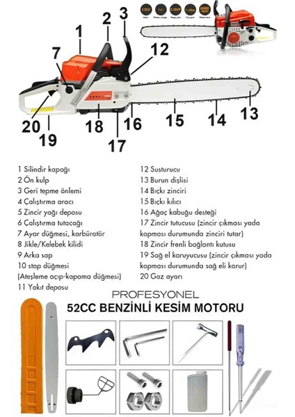 52CC 38 Diş Benzinli Ağaç Kesme Motorlu Testere Hızar Orman Bahçe Ev Odun Çalı Kesme fiyatları