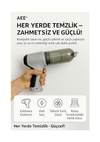 Şarjlı Araç Süpürgesi V2-120W 9000 Pa 0,4 Lt - Üfleme Özellikli - Mini El Süpürgesi Ofis Oto Klavye Kasa modelleri