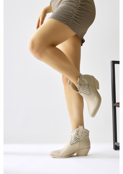 Tency Bej Zımba Detaylı Sivri Burunlu Western Bot fiyatları