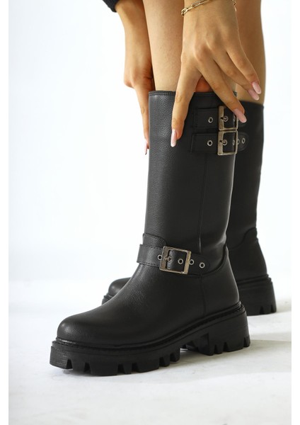 Winfred Siyah Kemer Detaylı Uzun Bot