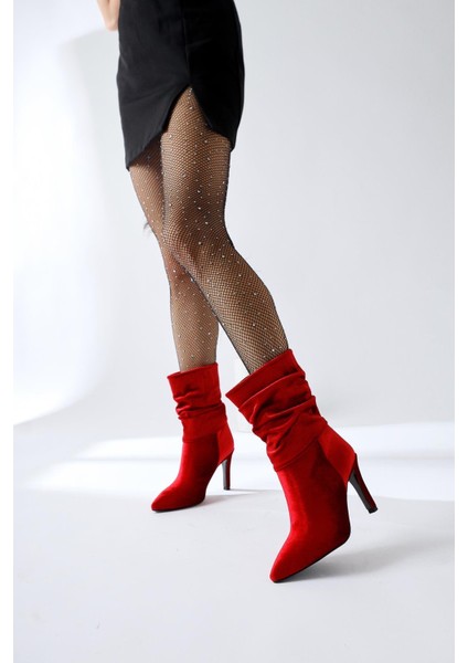 Wilma Kırmızı Kadife Körüklü Ince Topuklu Bot