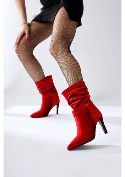 Wilma Kırmızı Kadife Körüklü Ince Topuklu Bot modelleri