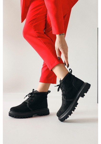 Venetia Siyah Süet Oval Burunlu Bağcıklı Bot