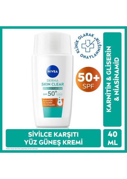 SPF50 Derma Skin Clear Yüz Kremi 40 Ml, Matlaştırıcı, Karnitin, Gliserin,niasinamid
