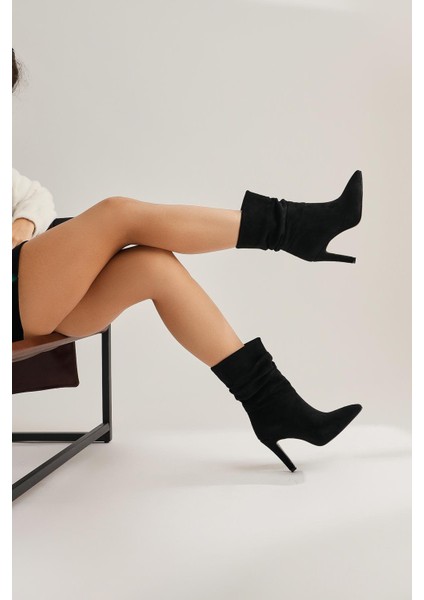 Wilma Siyah Süet Körüklü Ince Topuklu Bot