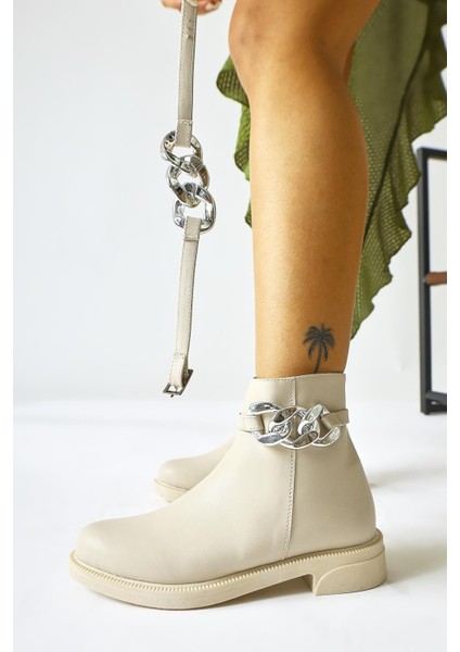 Sydra Bej Oval Burunlu Çıkarılabilir Aksesuarlı Bot