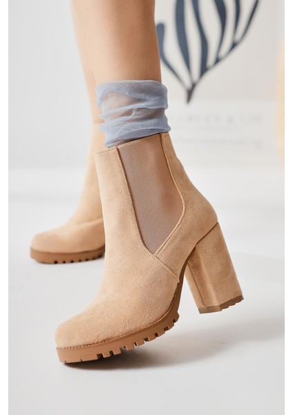 Dorsaf Krem Süet Oval Burunlu Lastikli Topuklu Bot