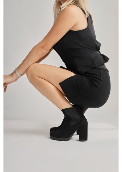 Dorsaf Siyah Süet Oval Burunlu Lastikli Topuklu Bot modelleri