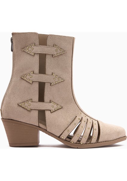Mayra Bej Süet Troklu Arkadan Fermuarlı Kadın Western Yazlık Bot
