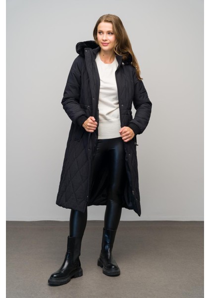 Çıkabilir Kürklü Kapüşonlu Ribana Detaylı Kapitone Mont Siyah 6621