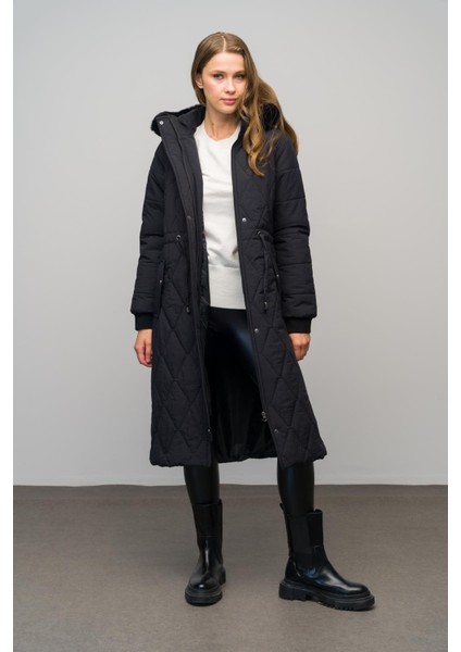 Çıkabilir Kürklü Kapüşonlu Ribana Detaylı Kapitone Mont Siyah 6621 indirimleri