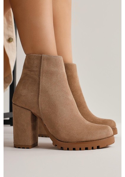 Bahiya Vizon Süet Oval Burunlu Fermuarlı Topuklu Bot
