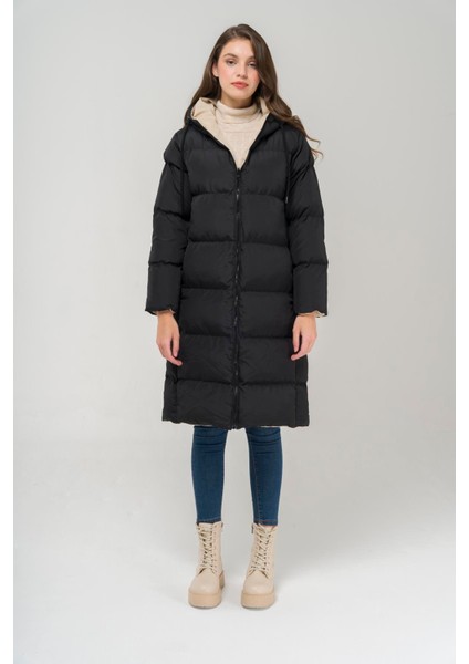 Kapüşonlu Fermuar Kapamalı Çift Taraflı Şişme Mont Siyah-Taş 6492 fiyatları