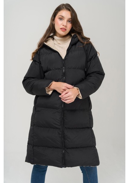 Kapüşonlu Fermuar Kapamalı Çift Taraflı Şişme Mont Siyah-Taş 6492 fırsatları