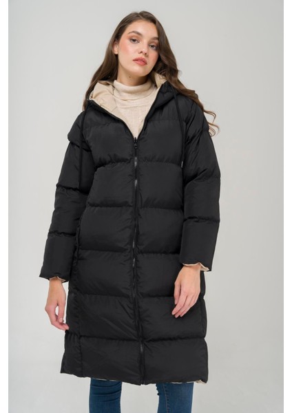 Kapüşonlu Fermuar Kapamalı Çift Taraflı Şişme Mont Siyah-Taş 6492 indirimleri