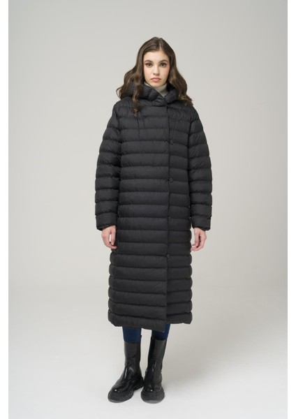 Kapüşonlu Düğme Kapamalı Uzun Şişme Mont SİYAH 6494 fiyatları