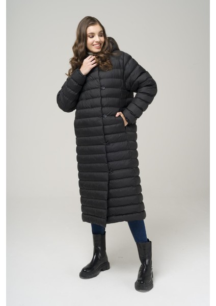 Kapüşonlu Düğme Kapamalı Uzun Şişme Mont SİYAH 6494 fırsatları