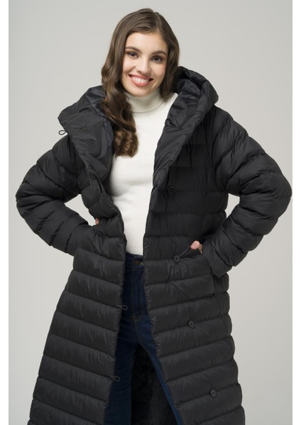 Kapüşonlu Düğme Kapamalı Uzun Şişme Mont SİYAH 6494 indirimleri