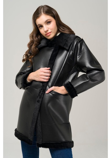 Kadın Siyah Fermuar Kapamalı Deri Mont Kalın Astar Basic Siluete Sahip modelleri