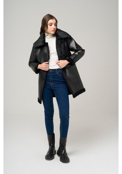 Kadın Siyah Fermuar Kapamalı Deri Mont Kalın Astar Basic Siluete Sahip fırsatları