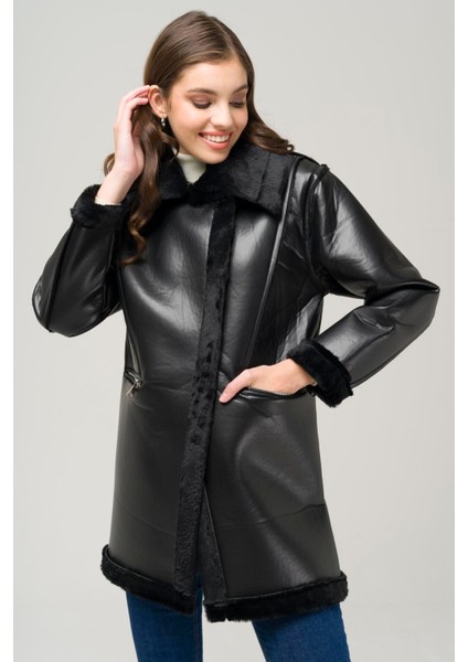 Kadın Siyah Fermuar Kapamalı Deri Mont Kalın Astar Basic Siluete Sahip indirimleri