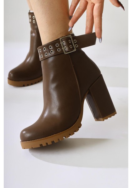 Jonny Kahve Kemer Detaylı Oval Burunlu Fermuarlı Bot