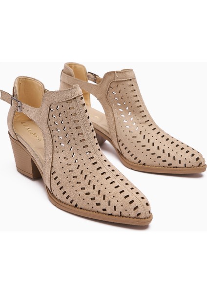 Julian Bej Süet Delikli Kalın Topuklu Kadın Western Yazlık Bot