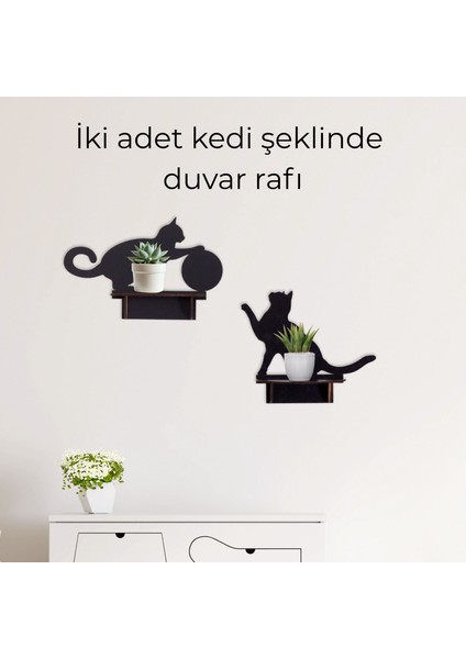 Dekoratif Kedi Figürlü Duvar Rafı Seti | 2 Parça Mdf Ahşap Raf | Siyah Şık Tasarım