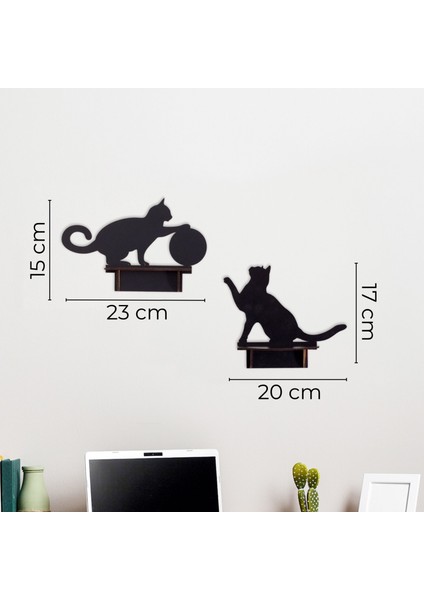 Dekoratif Kedi Figürlü Duvar Rafı Seti | 2 Parça Mdf Ahşap Raf | Siyah Şık Tasarım fiyatları
