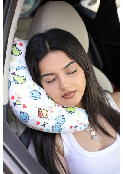 Seyahat Boyun Yastığı Ortopedik Araba Otobüs Uçak Yolculuk Yastığı Kuş Desen 30 x 10 Kurtçuk Yastık Kuş