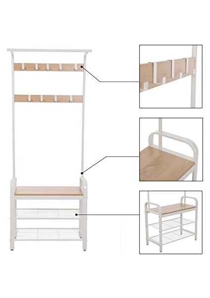 Portmanto, Portmanto, 9 Çıkarılabilir Kancalı Elbise Askısı, Oturaklı Ayakkabı Askısı, 3 Raf, Yükseklik 183 Cm, Metal, Krem HSR40W fiyatları