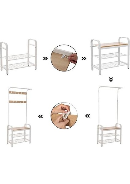 Portmanto, Portmanto, 9 Çıkarılabilir Kancalı Elbise Askısı, Oturaklı Ayakkabı Askısı, 3 Raf, Yükseklik 183 Cm, Metal, Krem HSR40W modelleri